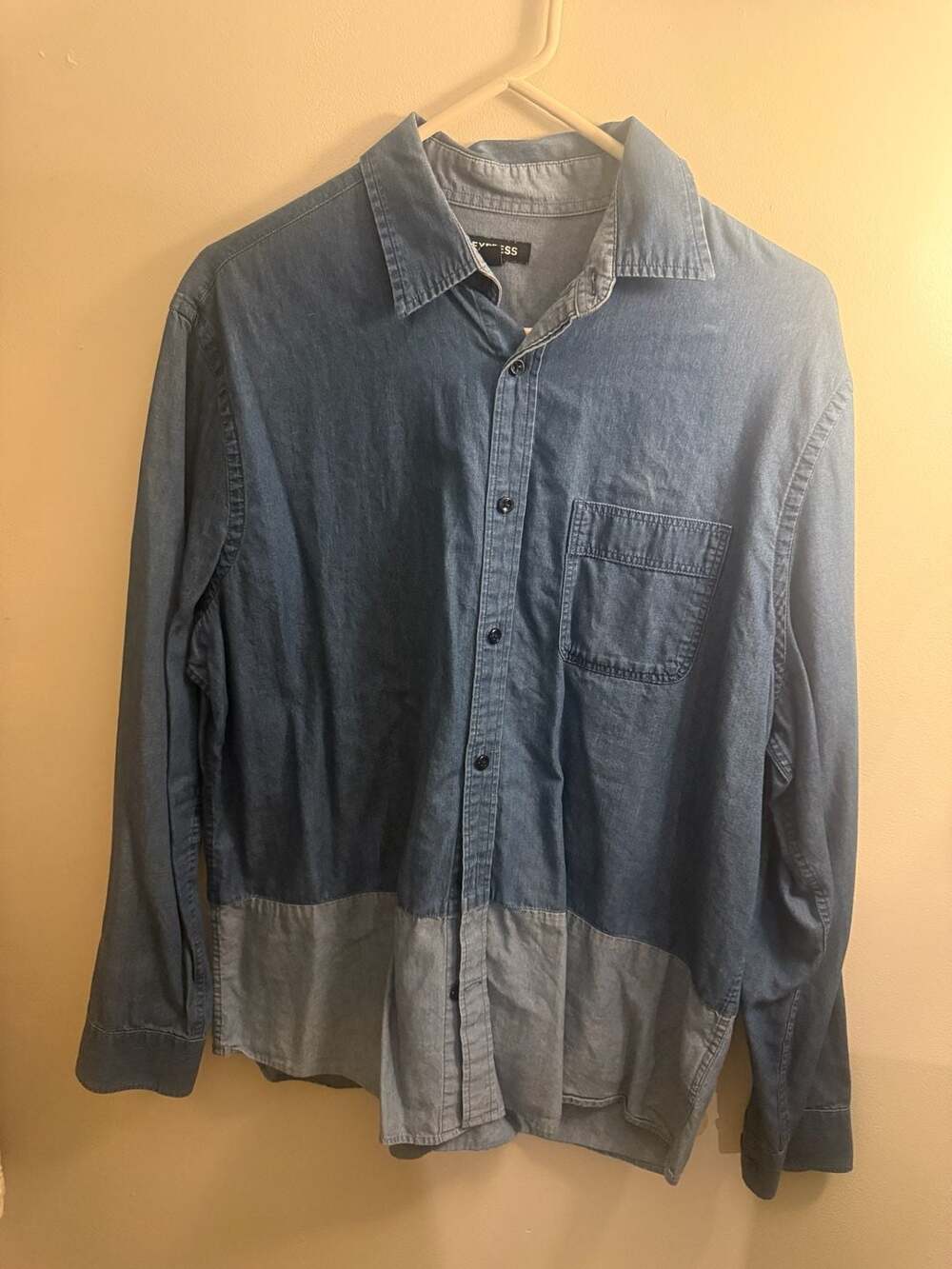 Express Men's Long Sleeve Dip-Dye Two-Tone Denim Shirt